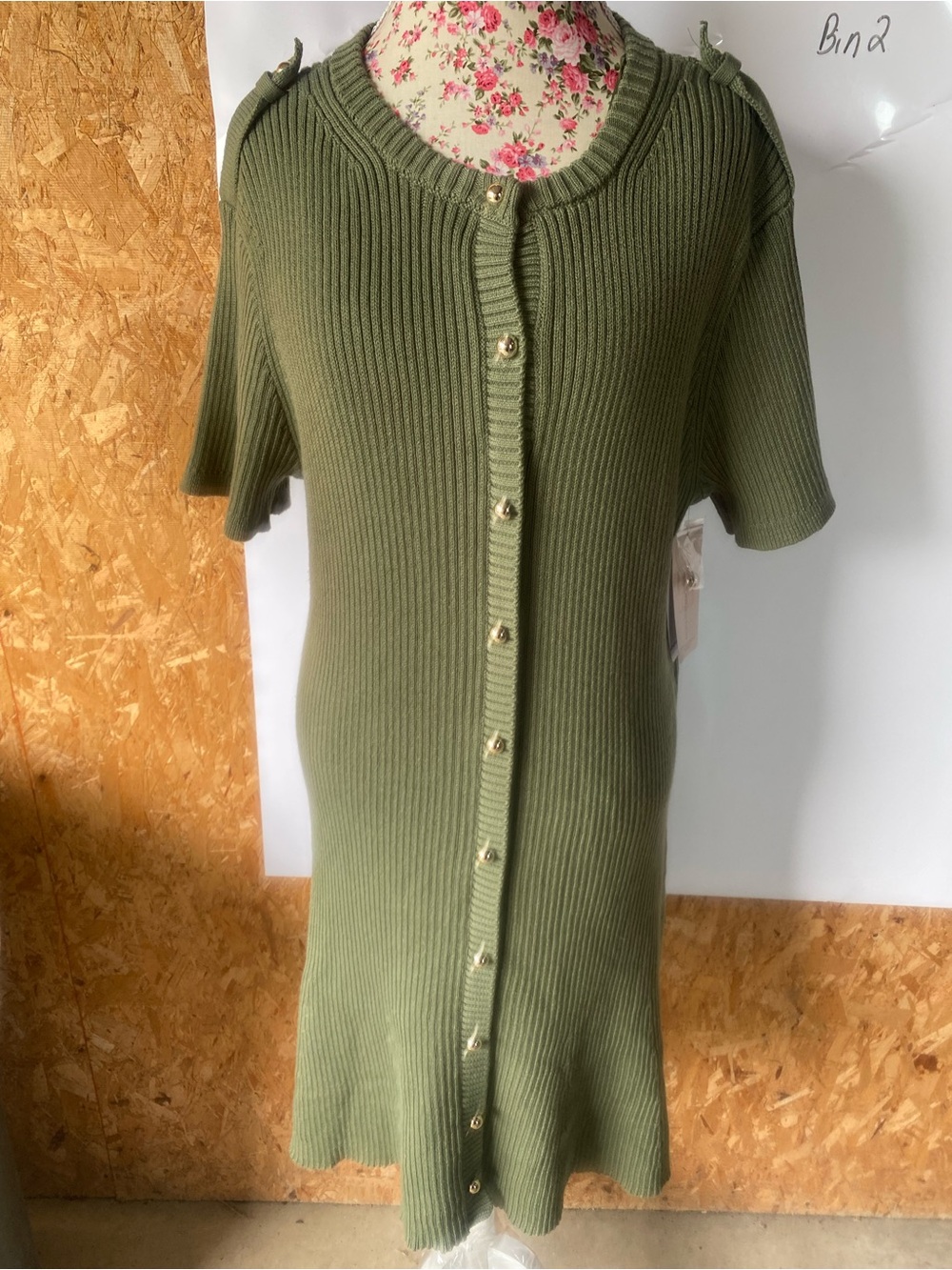 French Connection Olive Green Ribbed Button-Front Cardigan Dress